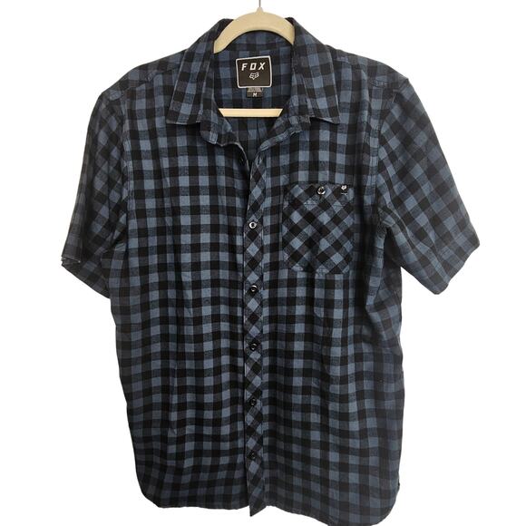 Fox Shirt Blue Black Checker Short Sleeve Shirt Button Front Men M Top - Picture 1 of 8